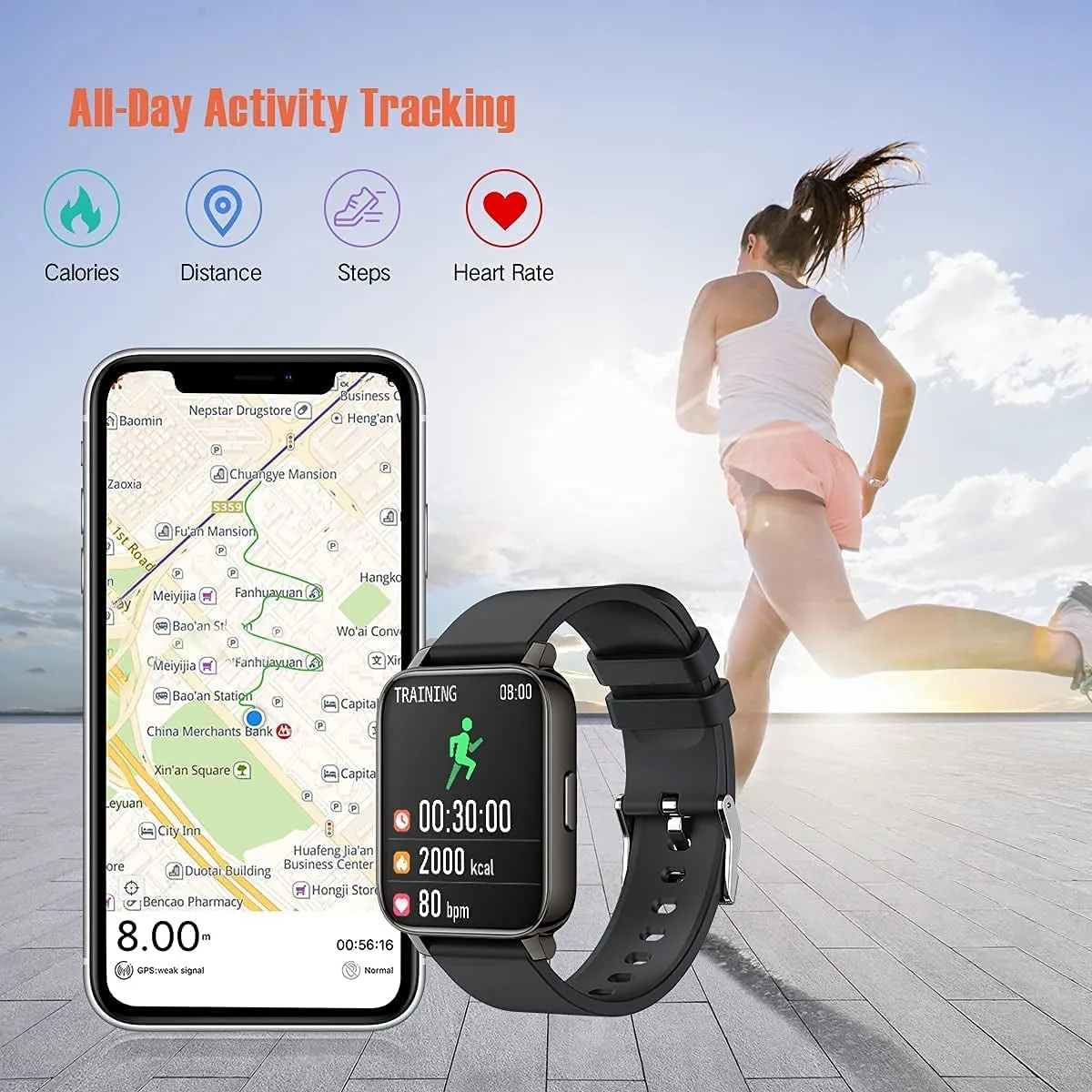 1.69" Touch Screen Smartwatch for Android and iOS Phones with Heart Rate and Blood Pressure Monitor