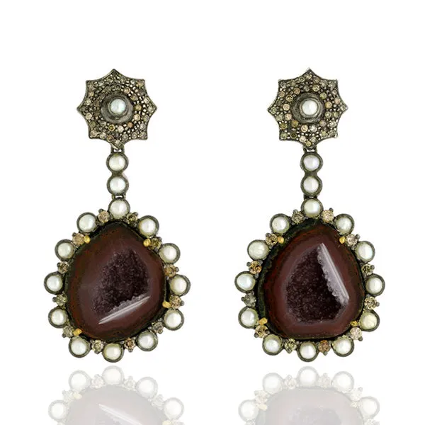 18k Gold Pave Diamond & Geode Dangle Earrings Sterling Silver Jewelry from Bids.com