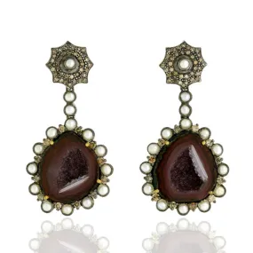 18k Gold Pave Diamond & Geode Dangle Earrings Sterling Silver Jewelry from Bids.com