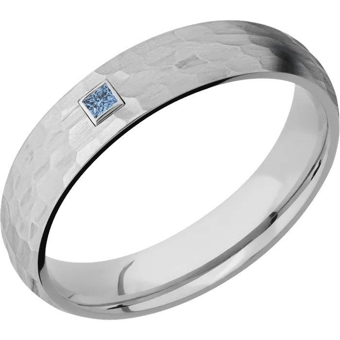 5mm wide Domed Titanium Ring with Hammer Finish / 1 Princess .06 carat Denim Sapphire Bezel-Set Gemstones