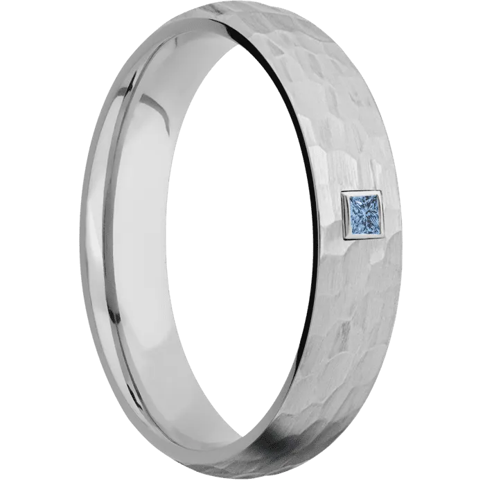 5mm wide Domed Titanium Ring with Hammer Finish / 1 Princess .06 carat Denim Sapphire Bezel-Set Gemstones