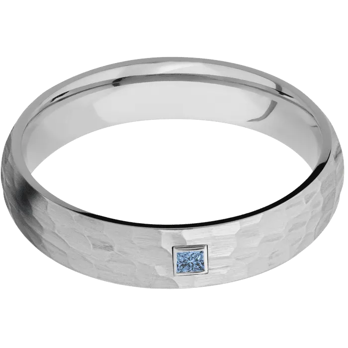 5mm wide Domed Titanium Ring with Hammer Finish / 1 Princess .06 carat Denim Sapphire Bezel-Set Gemstones