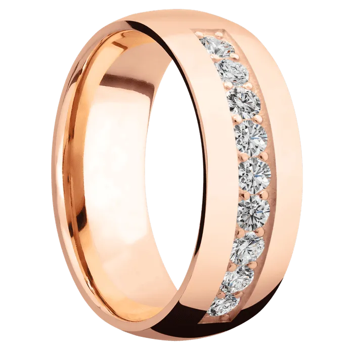 8mm wide Domed 18k Rose Gold Ring with Polish Finish / 9 Round .07 carat Diamond Bead Channel-Set Gemstones