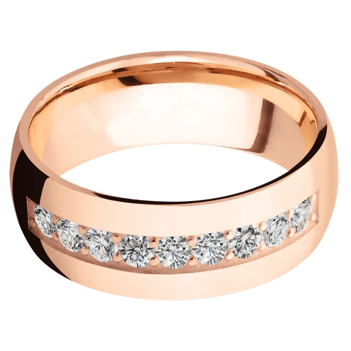 8mm wide Domed 18k Rose Gold Ring with Polish Finish / 9 Round .07 carat Diamond Bead Channel-Set Gemstones