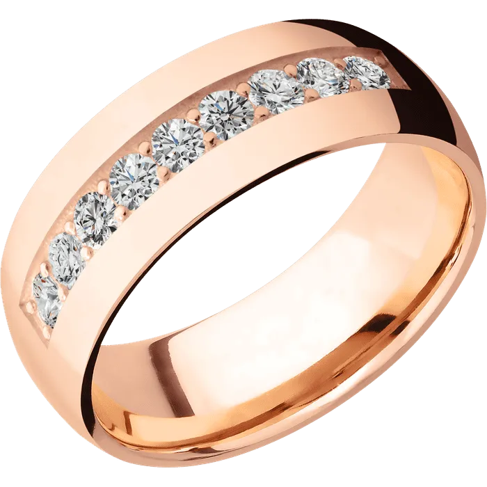 8mm wide Domed 18k Rose Gold Ring with Polish Finish / 9 Round .07 carat Diamond Bead Channel-Set Gemstones
