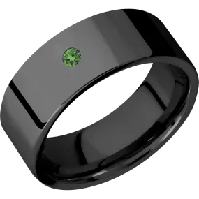 8mm wide Flat Black Titanium Ring with Polish Finish / 1 Round .05 carat Green Diamond Flush-Set Gemstones