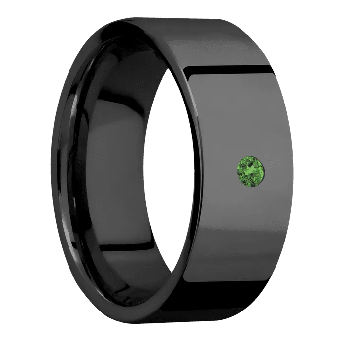 8mm wide Flat Black Titanium Ring with Polish Finish / 1 Round .05 carat Green Diamond Flush-Set Gemstones