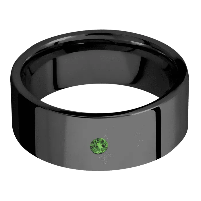 8mm wide Flat Black Titanium Ring with Polish Finish / 1 Round .05 carat Green Diamond Flush-Set Gemstones