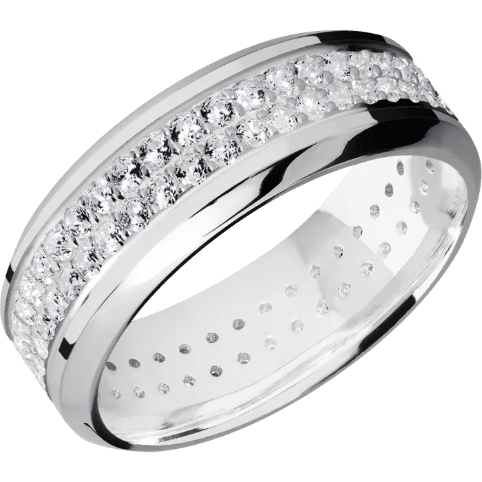 8mm wide High Bevel 18k White Gold Ring with Polish Finish / 2 Row Eternity Round .015 carat Diamond Bead Channel-Set Gemstones / None Interior Pattern