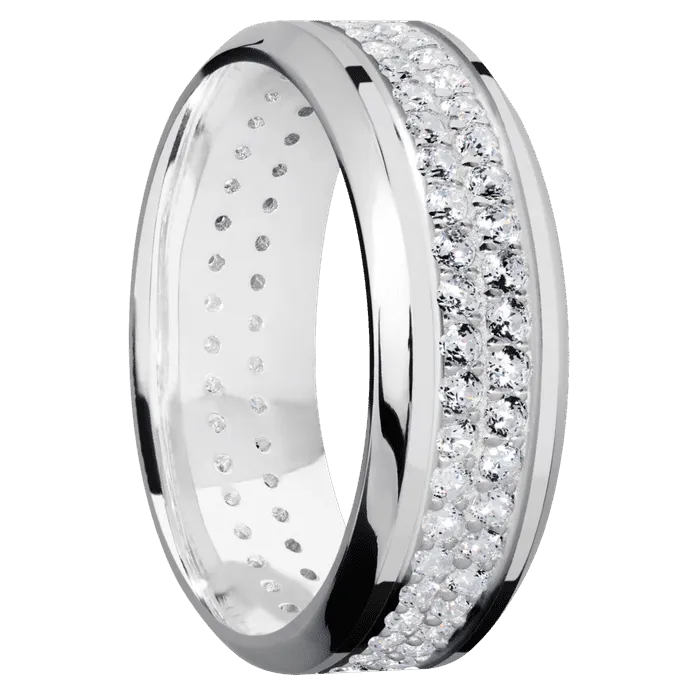 8mm wide High Bevel 18k White Gold Ring with Polish Finish / 2 Row Eternity Round .015 carat Diamond Bead Channel-Set Gemstones / None Interior Pattern