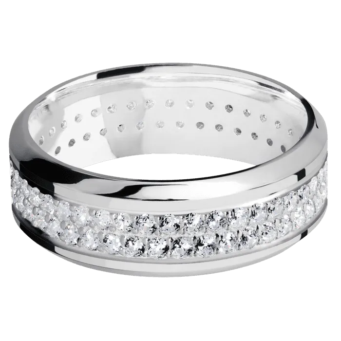 8mm wide High Bevel 18k White Gold Ring with Polish Finish / 2 Row Eternity Round .015 carat Diamond Bead Channel-Set Gemstones / None Interior Pattern