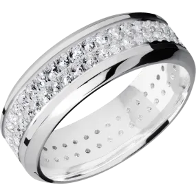 8mm wide High Bevel 18k White Gold Ring with Polish Finish / 2 Row Eternity Round .015 carat Diamond Bead Channel-Set Gemstones / None Interior Pattern