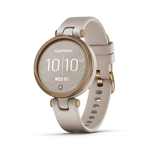 Garmin Lily™, Small GPS Smartwatch with Touchscreen and Patterned Lens, Rose Gold and Light Tan