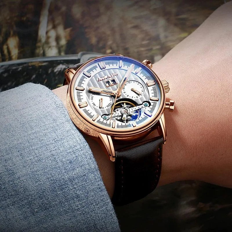 mechanische Herrenuhr, Tourbillon Uhr, Lederarmbanduhr, Skeleton Uhr