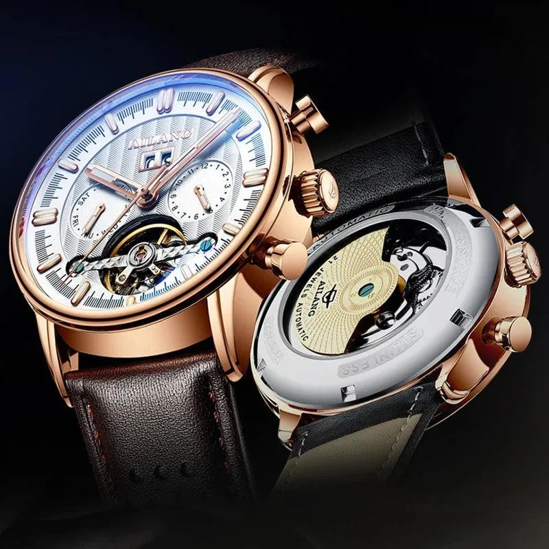 mechanische Herrenuhr, Tourbillon Uhr, Lederarmbanduhr, Skeleton Uhr