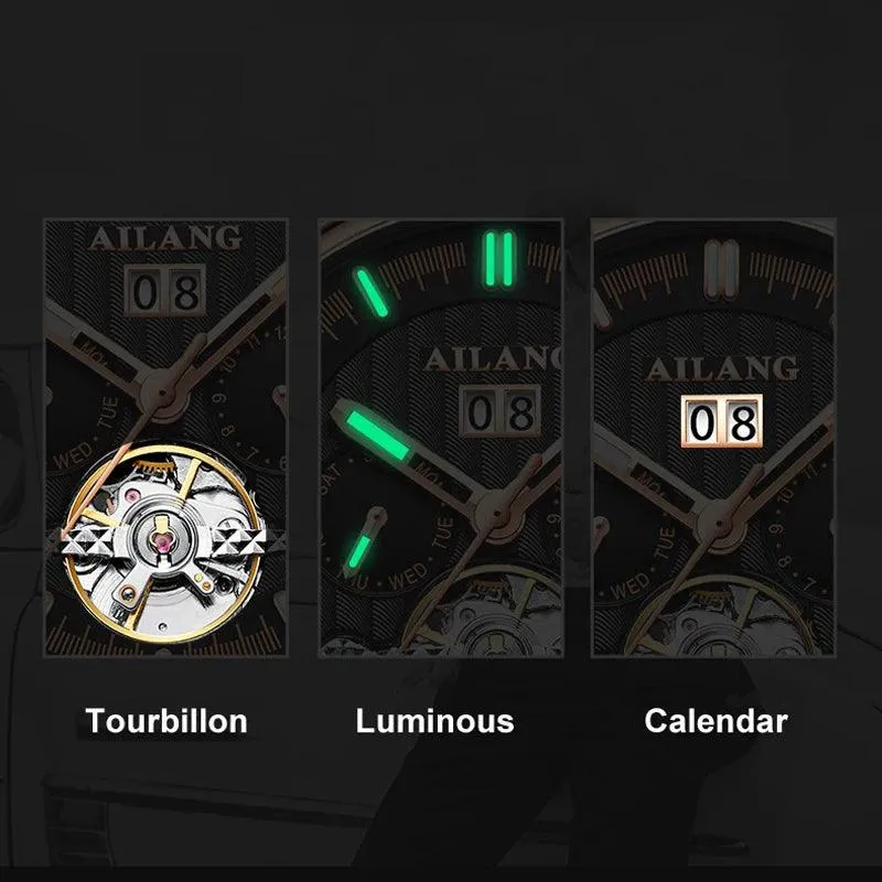 mechanische Herrenuhr, Tourbillon Uhr, Lederarmbanduhr, Skeleton Uhr