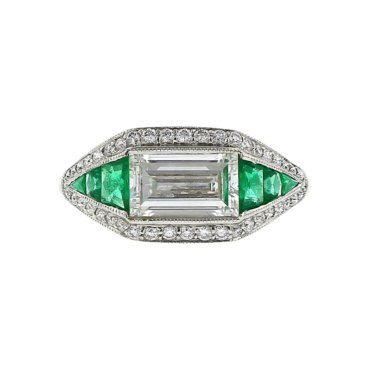 Platinum Baguette Diamond and Emerald Halo Ring