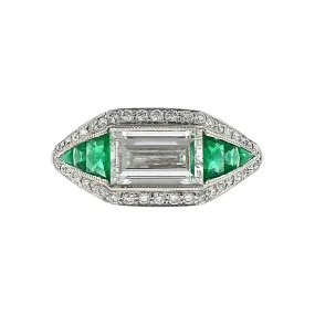 Platinum Baguette Diamond and Emerald Halo Ring
