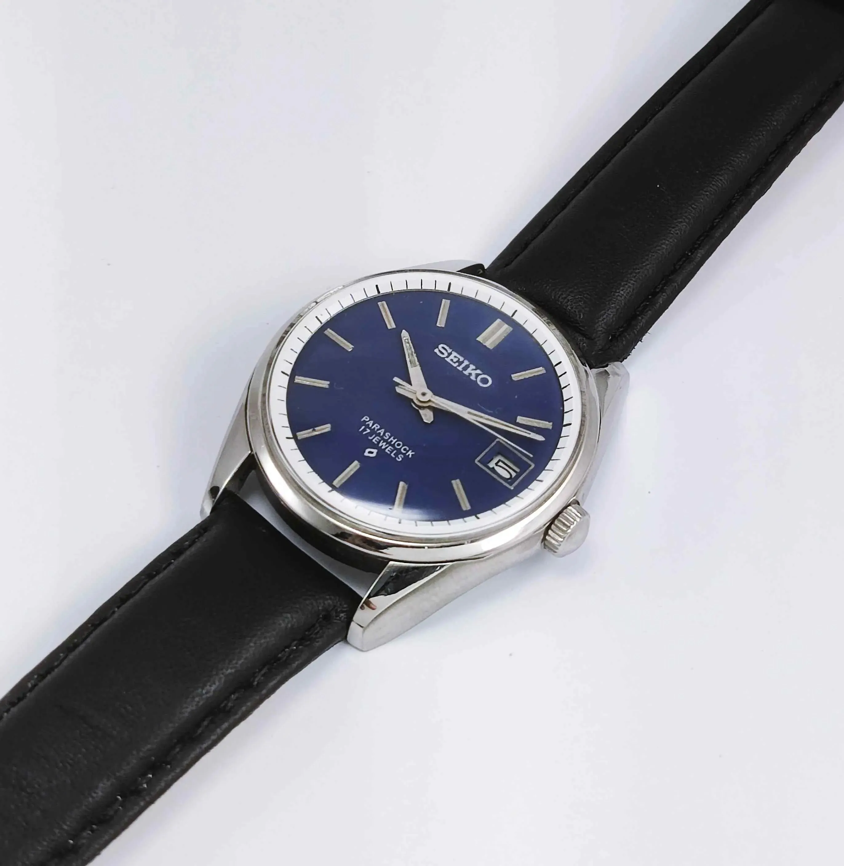 Seiko 6602B Para Shock 17 Jewels Handwinding Blue Dial Date Window Men's Watch