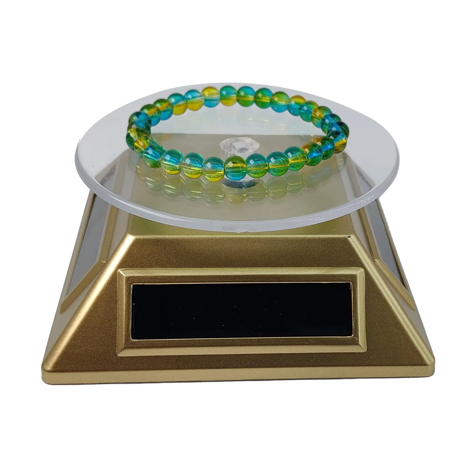 Solar & Battery Power 360 Degree Rotating Display Stands (1 PC) Gold Color 4x2 Inch Plate Dia 3.25 Inch For Watches Jewellery Bracelets Rings Phones