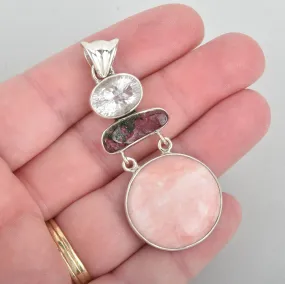 Sterling Silver PINK PERUVIAN OPAL Pendant with White Topaz, Tourmaline Gemstone 2.5" long pms0422