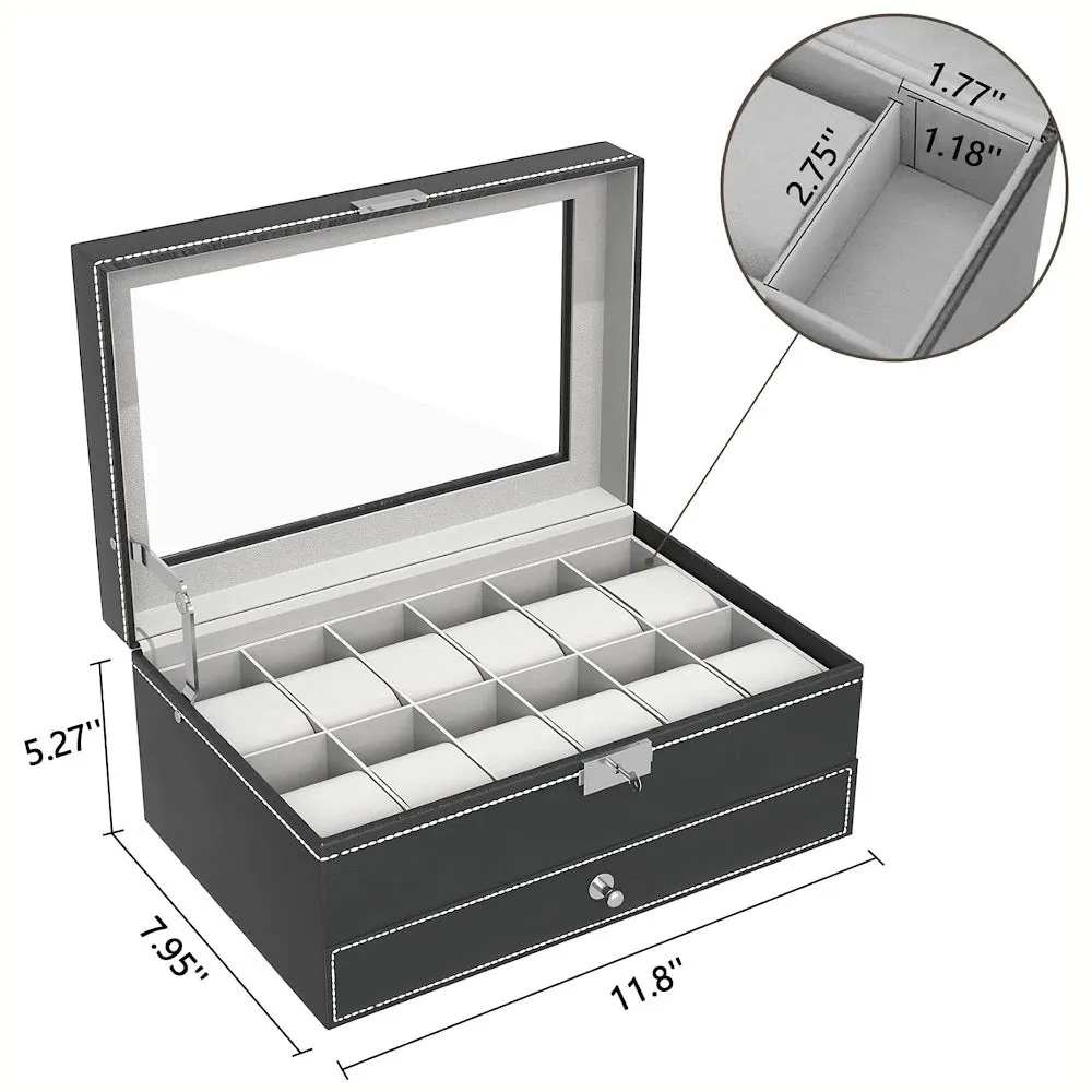StitchesandTweed 12 Slot Watch Box 2 Tier Organizer - Black