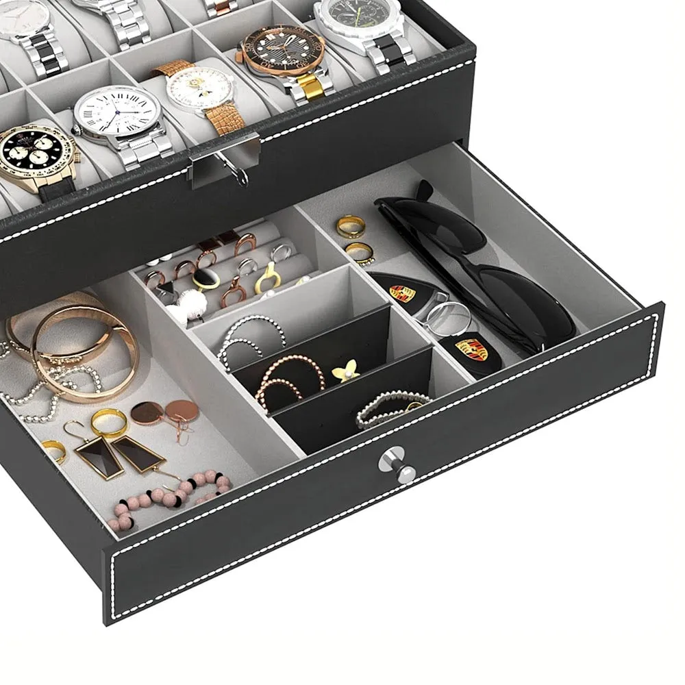 StitchesandTweed 12 Slot Watch Box 2 Tier Organizer - Black