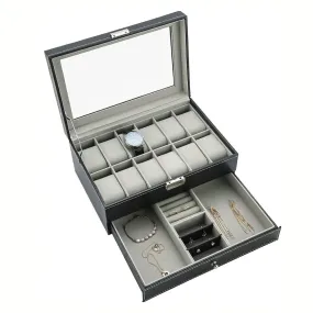 StitchesandTweed 12 Slot Watch Box 2 Tier Organizer - Black