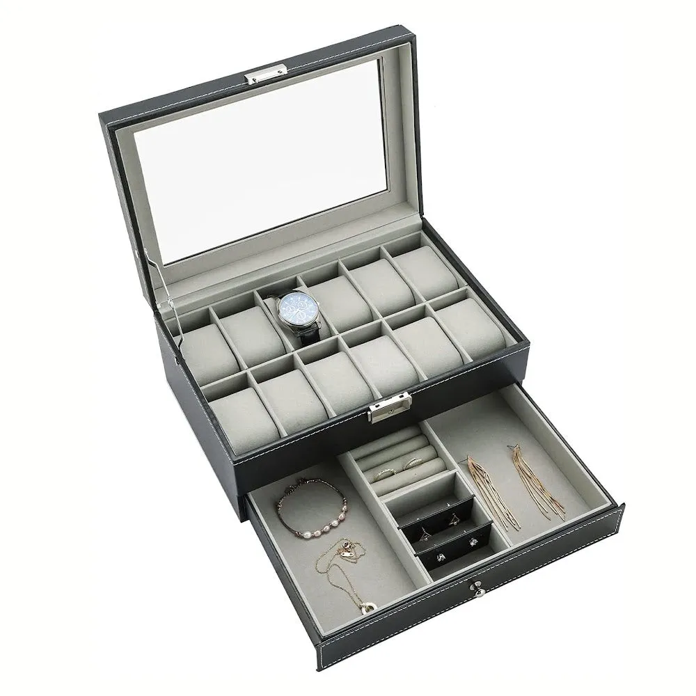 StitchesandTweed 12 Slot Watch Box 2 Tier Organizer - Black