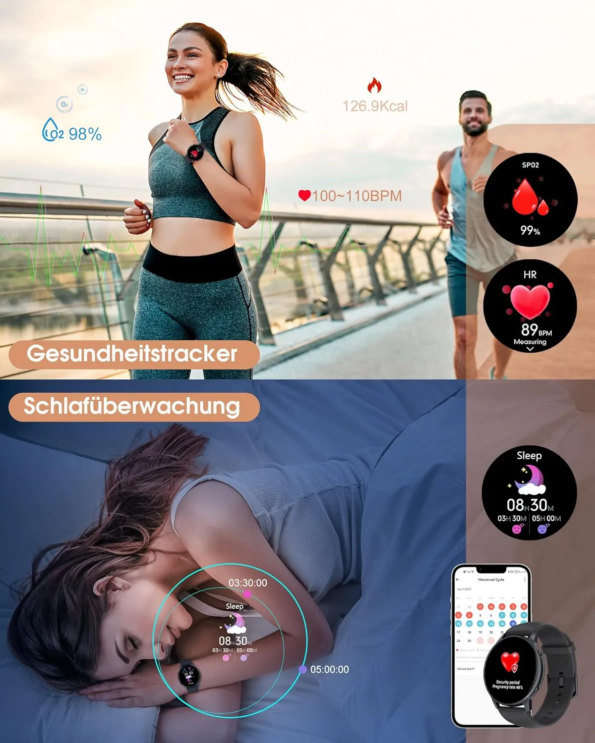 TUYOMA Smartwatch Damen, 1,3 Zoll Touchscreen Fitnessuhr Damen, IP68 Wasserdicht Sportuhr Schrittzähler mit Herzfrequenz, SpO2, Schlafmonitor, für iOS und Android