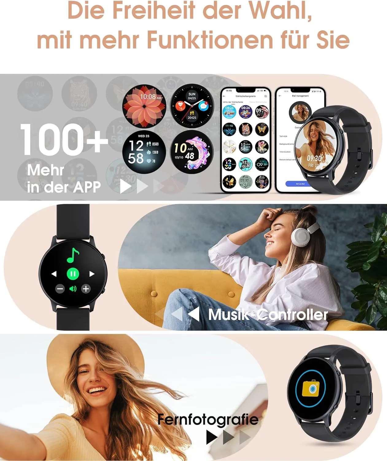 TUYOMA Smartwatch Damen, 1,3 Zoll Touchscreen Fitnessuhr Damen, IP68 Wasserdicht Sportuhr Schrittzähler mit Herzfrequenz, SpO2, Schlafmonitor, für iOS und Android