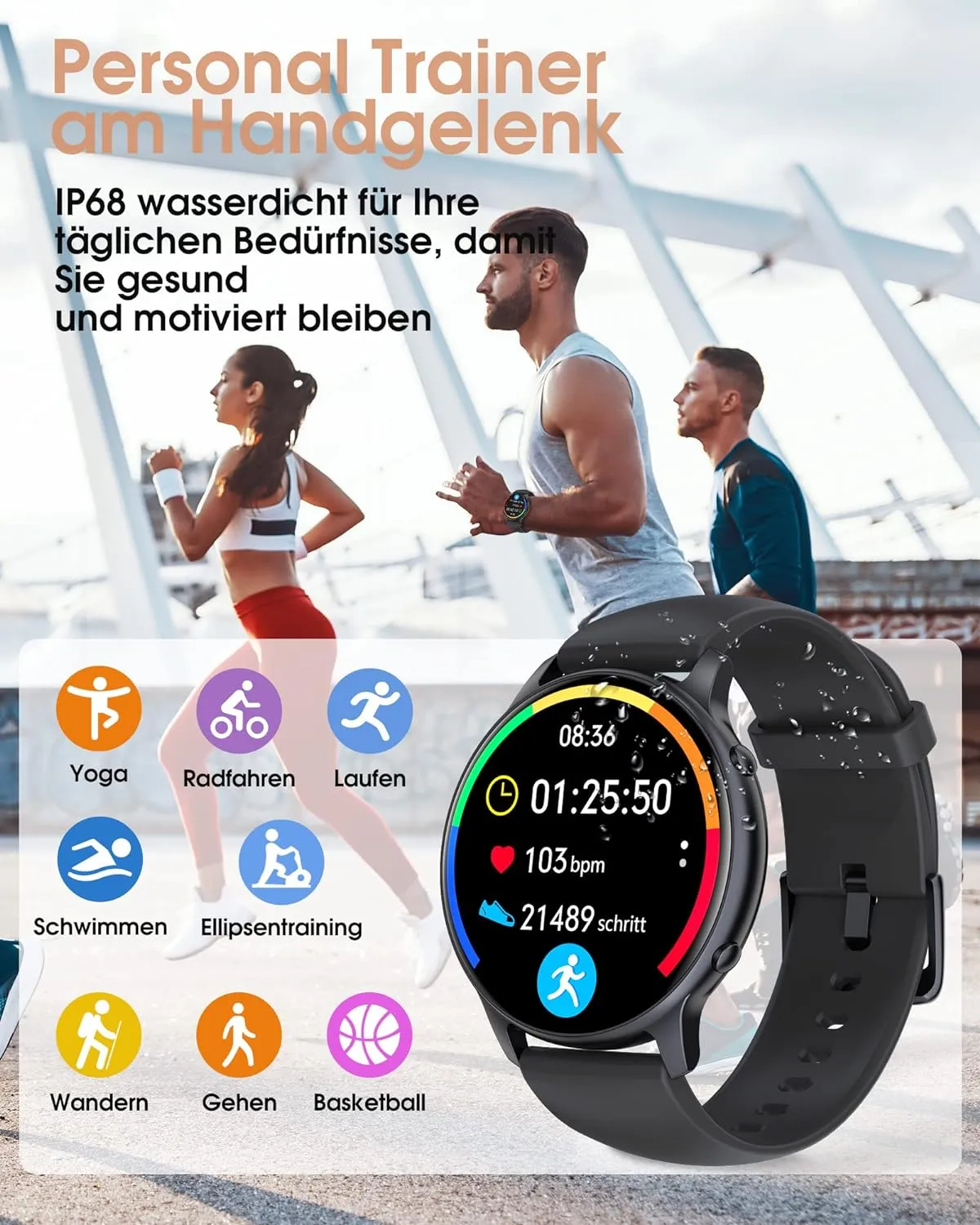TUYOMA Smartwatch Damen, 1,3 Zoll Touchscreen Fitnessuhr Damen, IP68 Wasserdicht Sportuhr Schrittzähler mit Herzfrequenz, SpO2, Schlafmonitor, für iOS und Android
